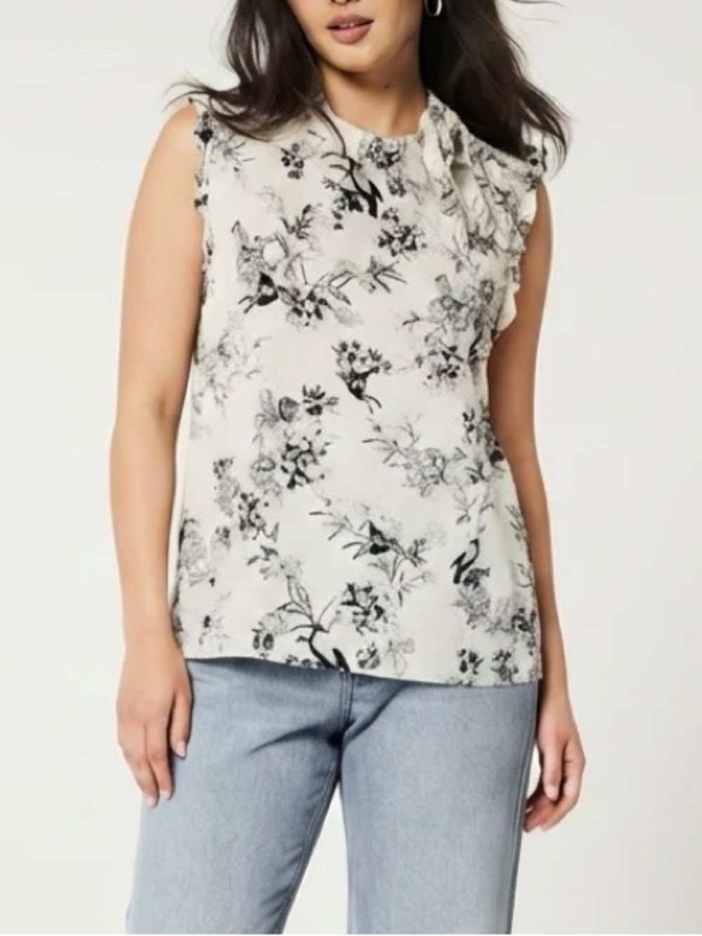 Who What Wear Linen Black & Cream Floral Sleeveless Top